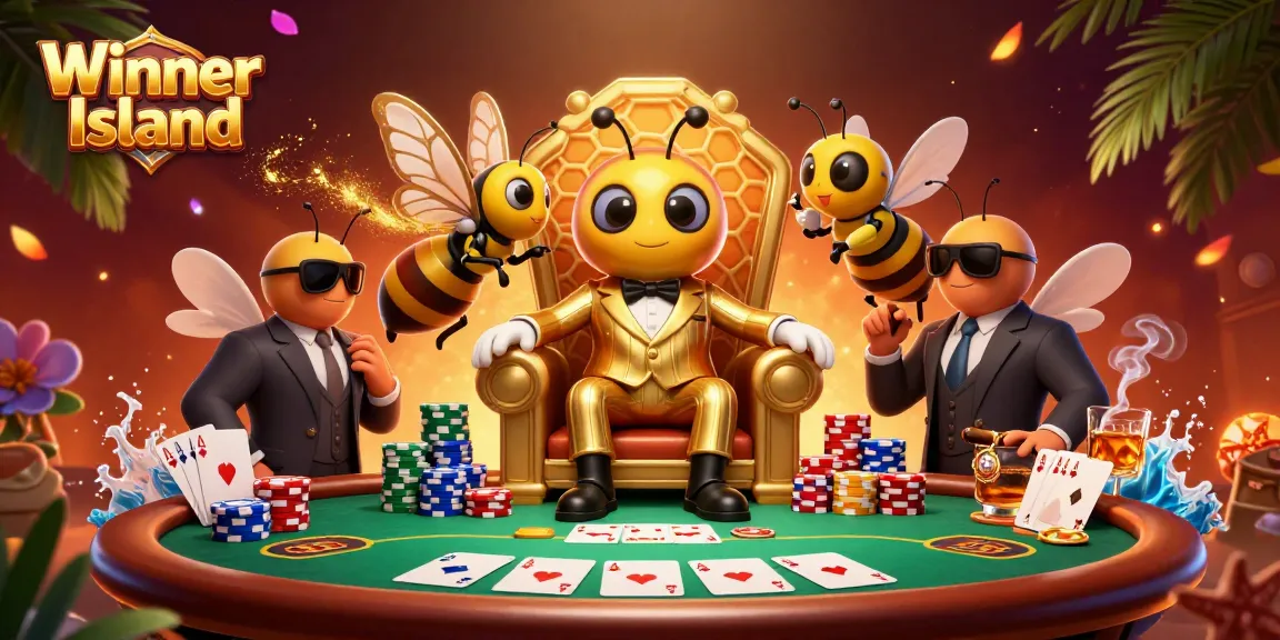 Winner Island showcases 3D cartoon characters engaging in dynamic poker gameplay with vibrant casino elements.