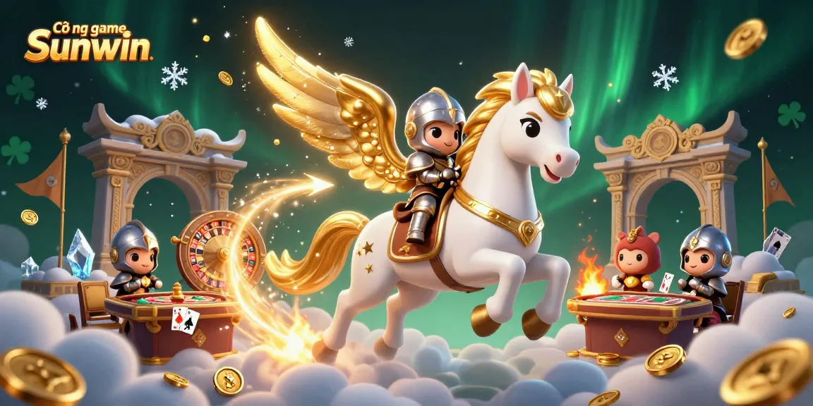 Cổng game Sunwin offers a vibrant casino atmosphere with a celestial horse, knight, and gaming elements.
