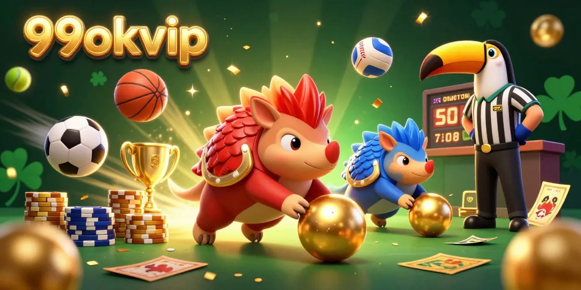 This vibrant illustration showcases 99okvip's thrilling gambling experience with pangolins bowling through poker chips in a lively casino scene.