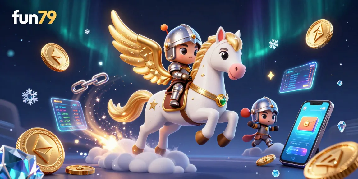Experience fun79 with a celestial horse and knight, surrounded by glowing crypto coins and casino elements.