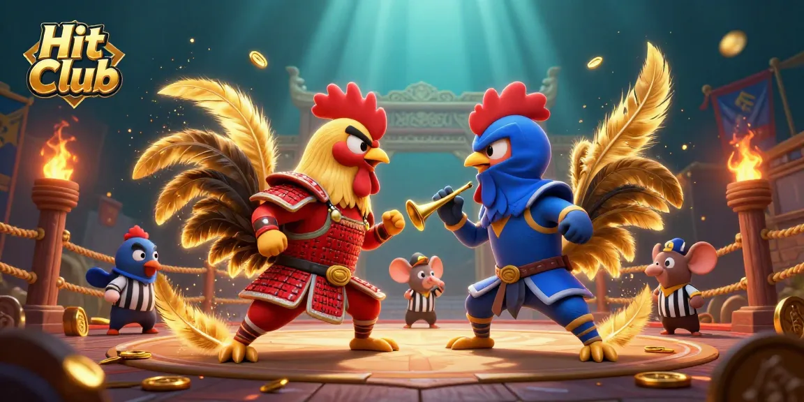 Hit Club showcases a dramatic duel between cartoon roosters in a vibrant casino-themed arena.