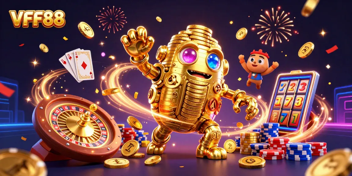 Experience thrilling wins with VFF88's dynamic 3D casino adventure featuring golden golems, coins, and slot reels.