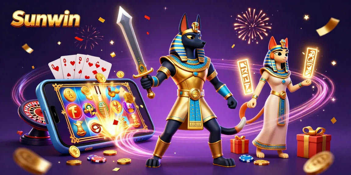 Experience Sunwin's excitement with Anubis and Bastet amidst vibrant casino elements.