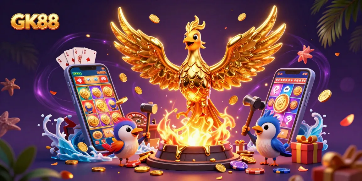 Experience GK88 thrilling action with a molten golden phoenix amidst interactive casino elements.