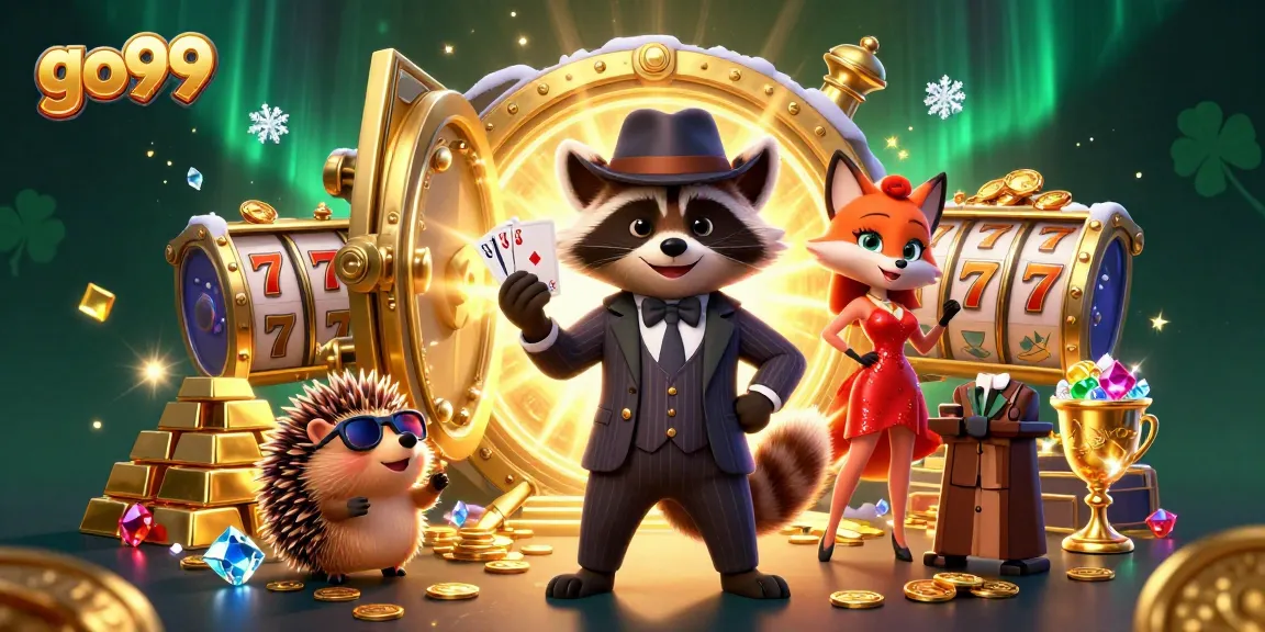 Experience the thrill of go99 with a suave raccoon, fox, and hedgehog in a vibrant casino scene.