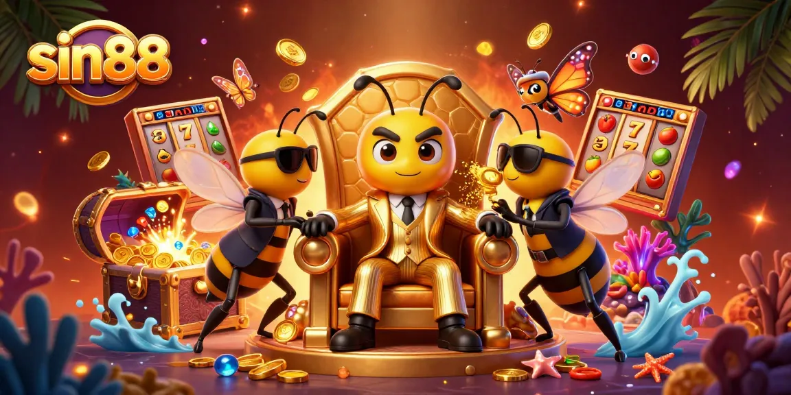 Experience the thrilling world of sin88 with a vibrant 3D cartoon scene featuring a bumblebee mob boss and casino elements.