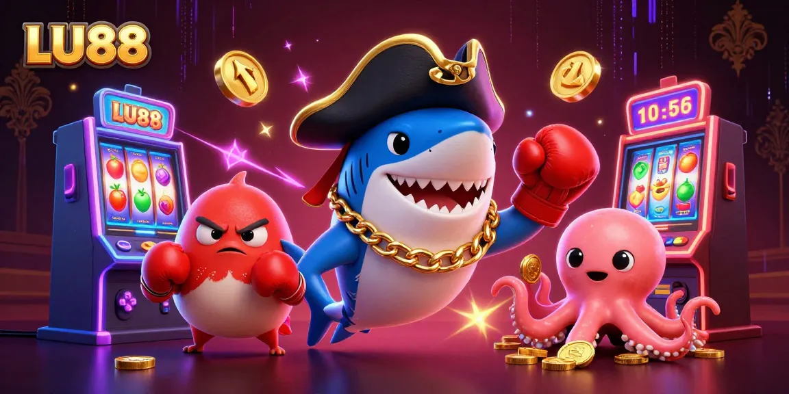 LU88 pirate-themed gambling scene with slots, colorful characters, and gold coins flying.