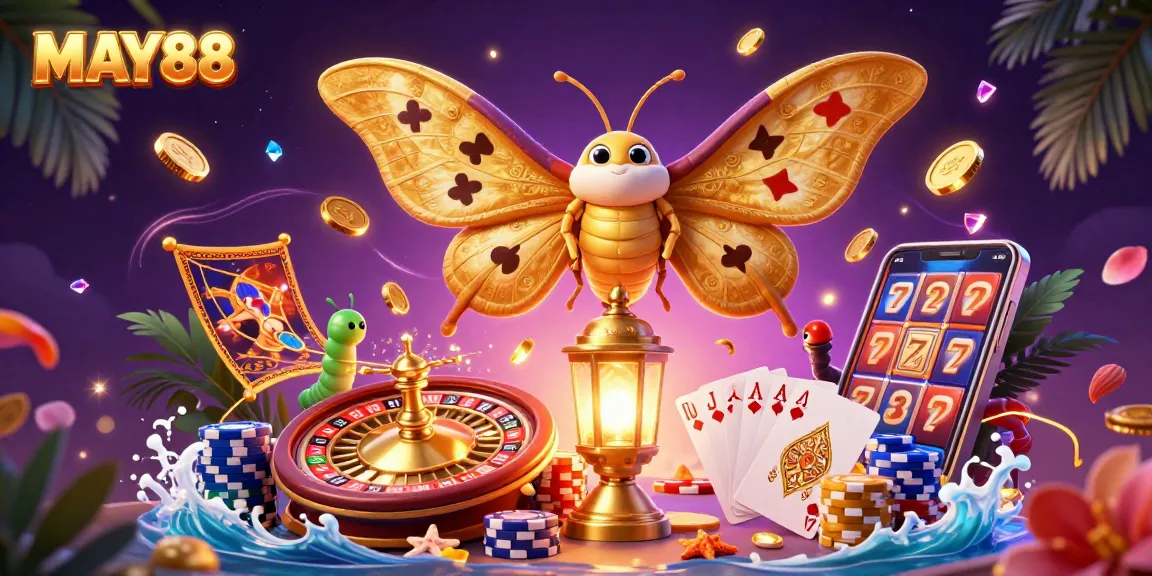 MAY88 showcases a vibrant 3D cartoon illustration of a casino-themed scene with a butterfly and golden decorations.