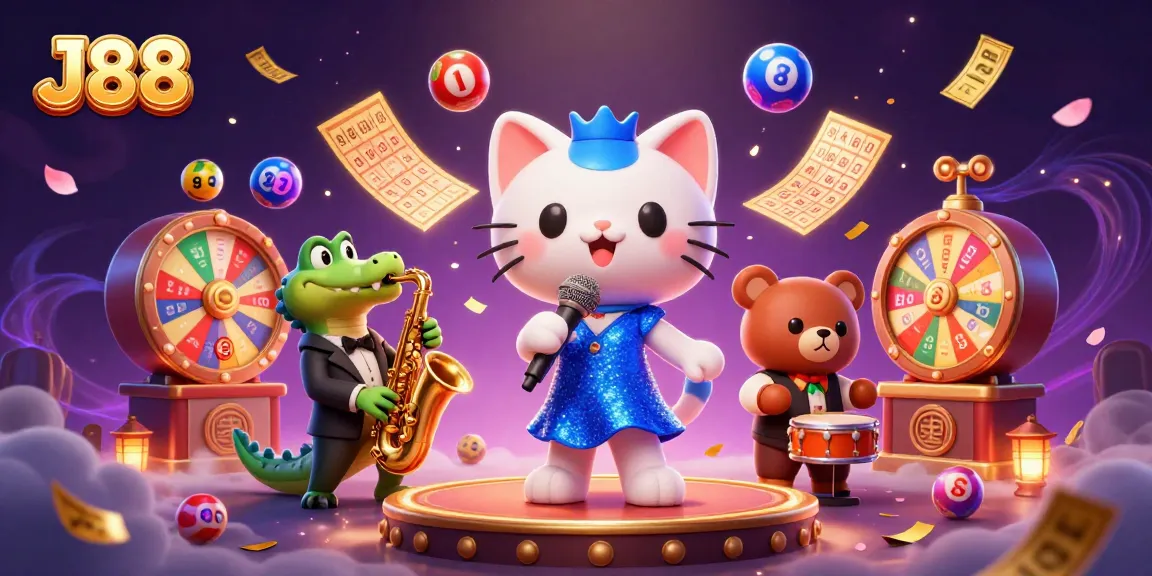 Experience thrilling gameplay with J88's animated jazz singer, crocodile, and bear in a dynamic casino scene.