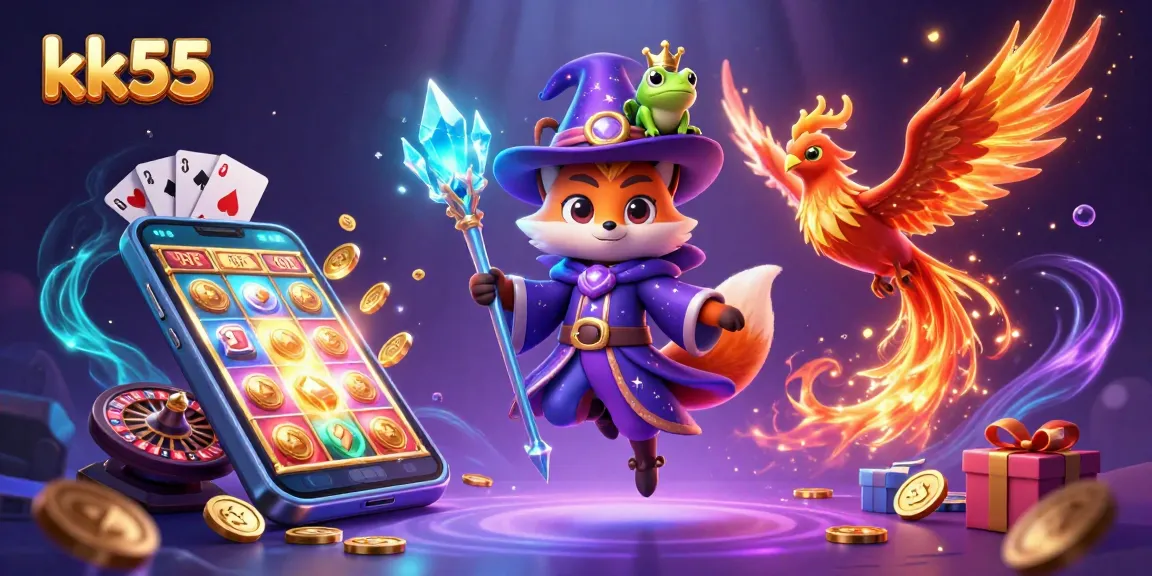 Engage in thrilling jackpot excitement at kk55, featuring a magical casino scene with wizards and enchanted treasures.