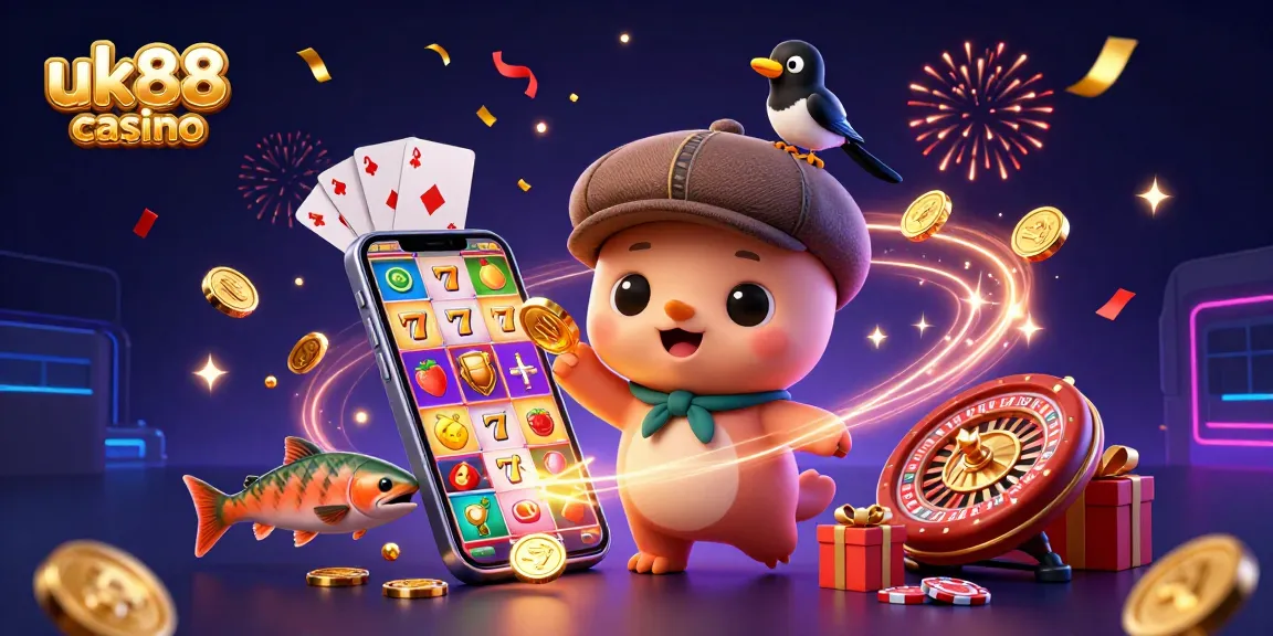 Engage with uk88 casino's vibrant slot games featuring 3D cartoon characters in an exhilarating scene.