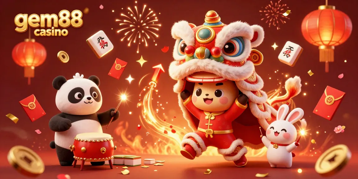 Experience vibrant celebration with gem88 casino's joyful illustration of a lion dance and festive elements.