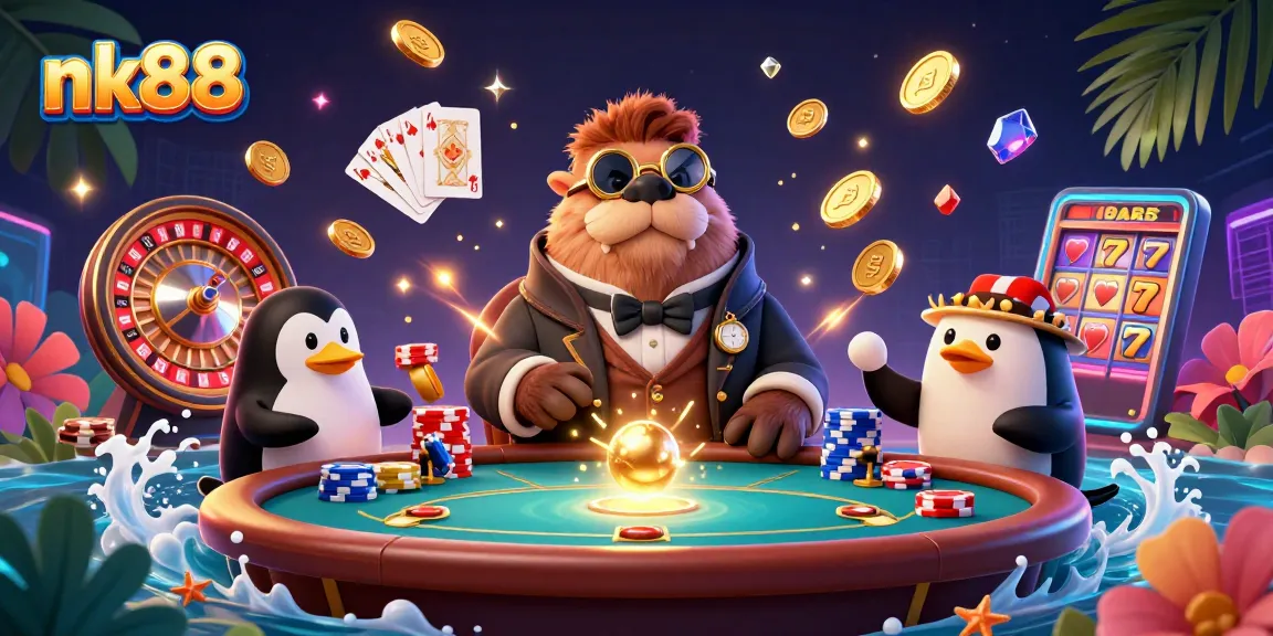 Play poker with the jolly walrus at nk88, surrounded by animated casino excitement!
