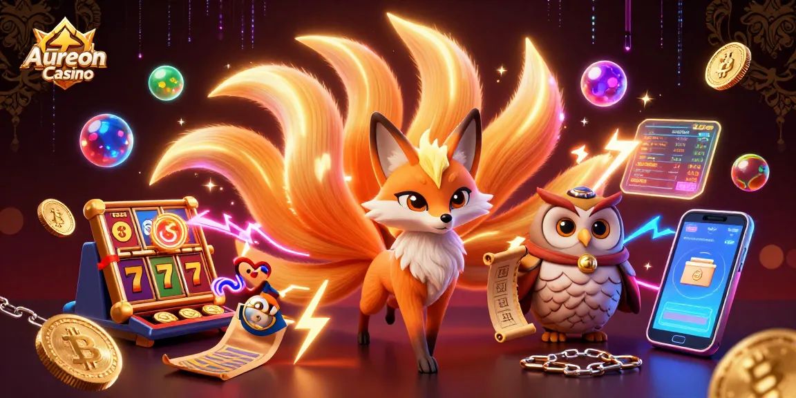 Engage with Aureon Casino's vibrant spirit characters amidst dazzling slots and crypto elements.