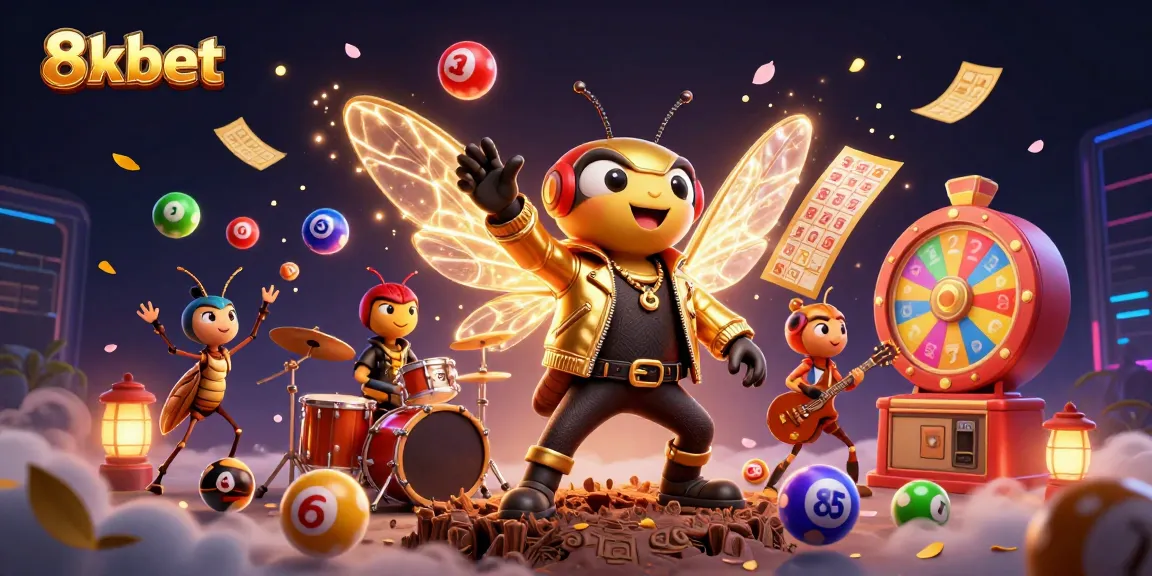Cicada rock star and beetle drummer celebrate 8xbet with vibrant lottery elements in a dynamic casino scene.