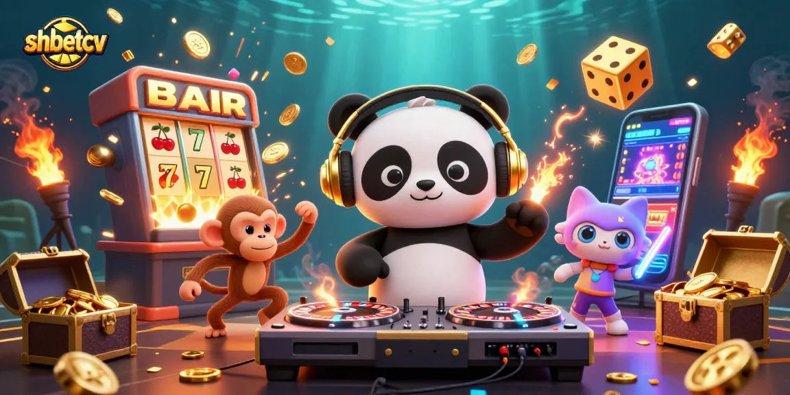 Spin to win with shbetcv, featuring a DJ panda, breakdancing monkey, and colorful casino elements.