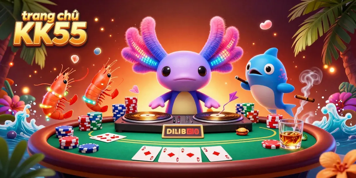 Experience vibrant gaming at trang chủ KK55 with a lively 3D scene showcasing casino action and playful characters.