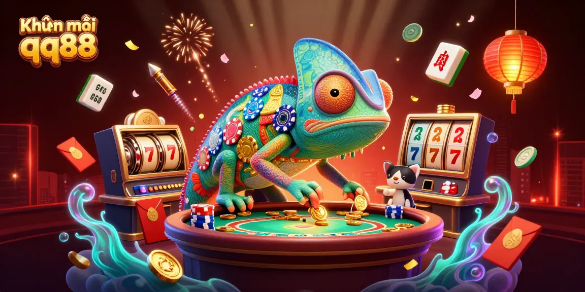 Engage with Khuyến mãi qq88's vibrant casino world, featuring a chameleon owner amid dynamic slot reels.